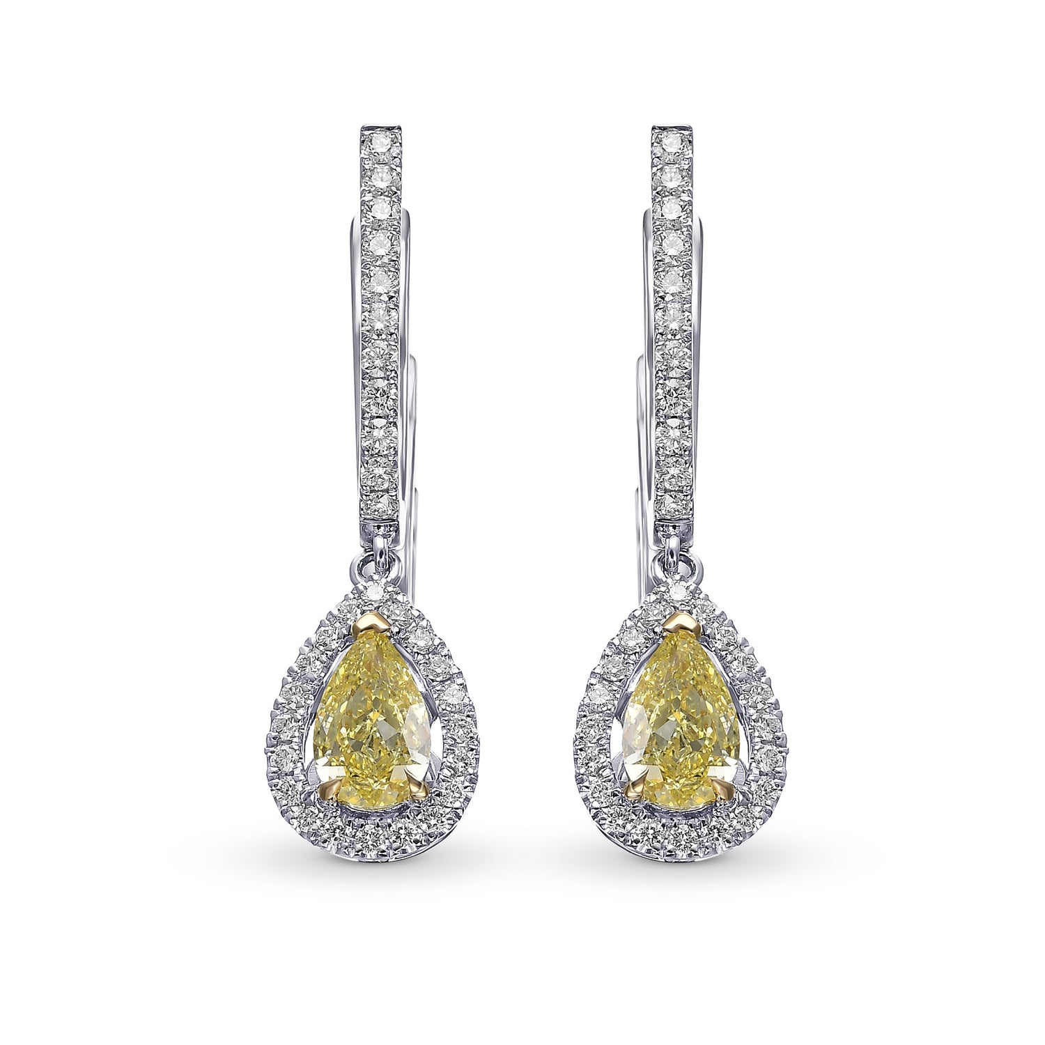 Fancy Yellow Pear Halo Drop Diamond Earrings