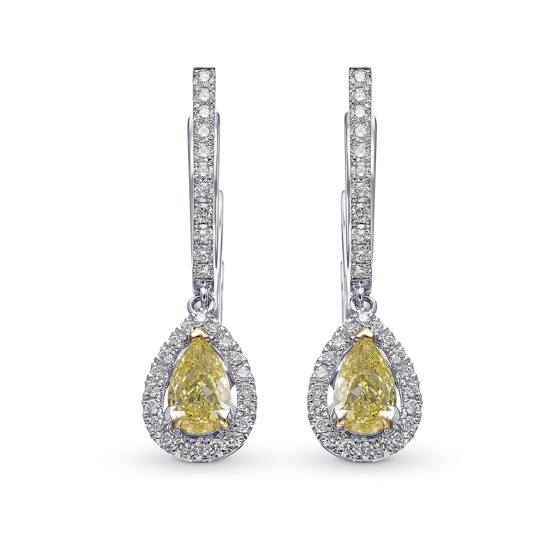 Fancy Yellow Pear Halo Drop Diamond Earrings