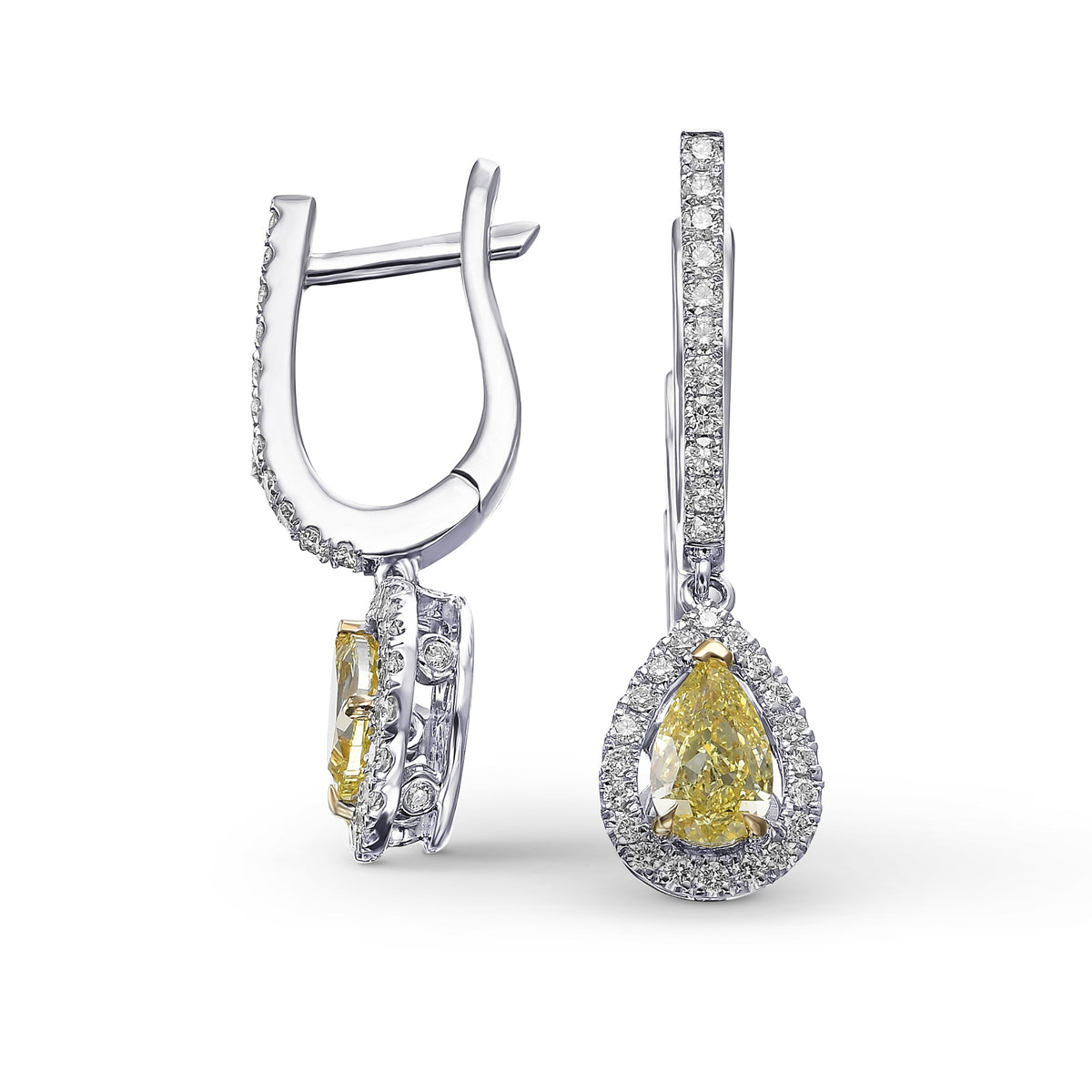 Fancy Yellow Pear Halo Drop Diamond Earrings