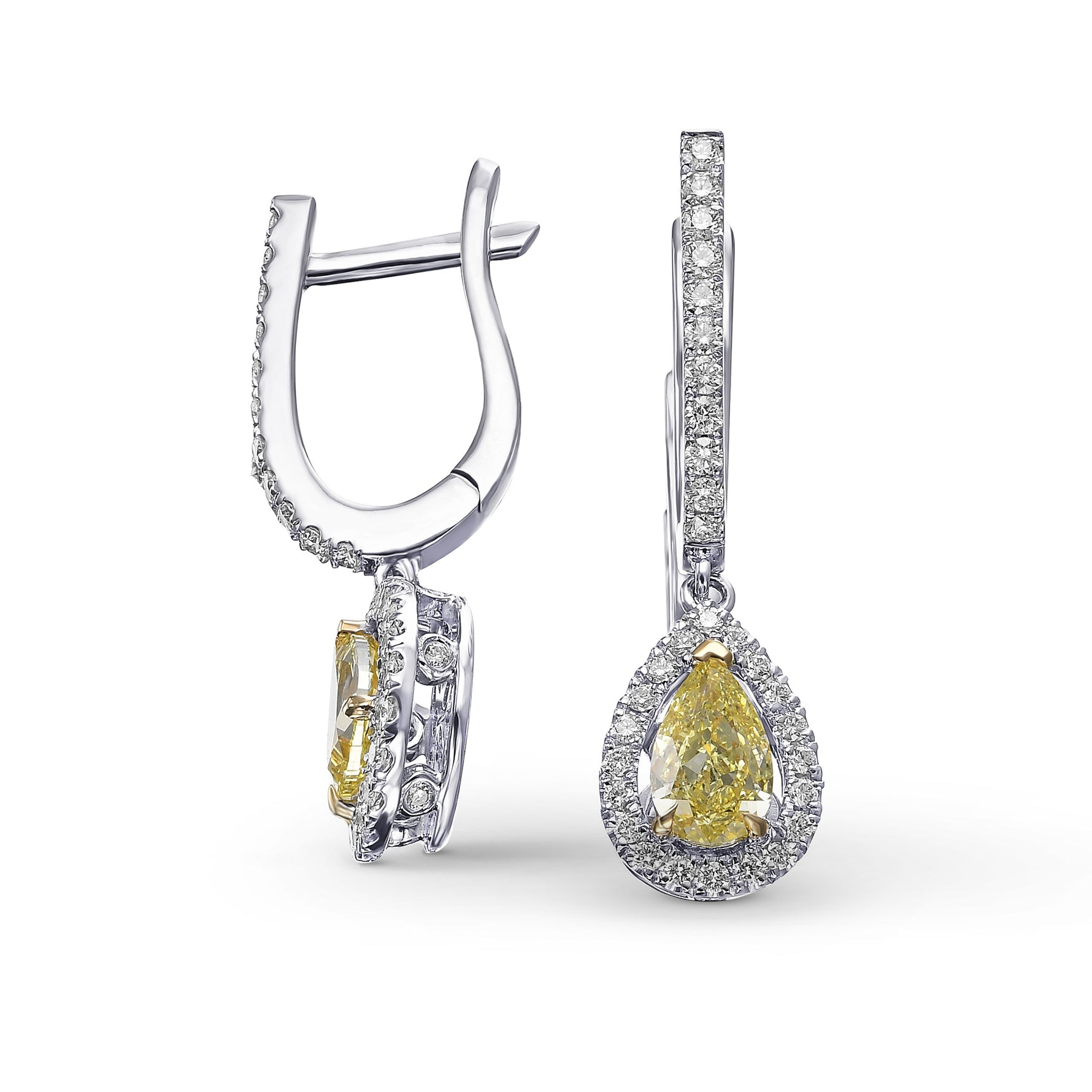 Fancy Yellow Pear Halo Drop Diamond Earrings