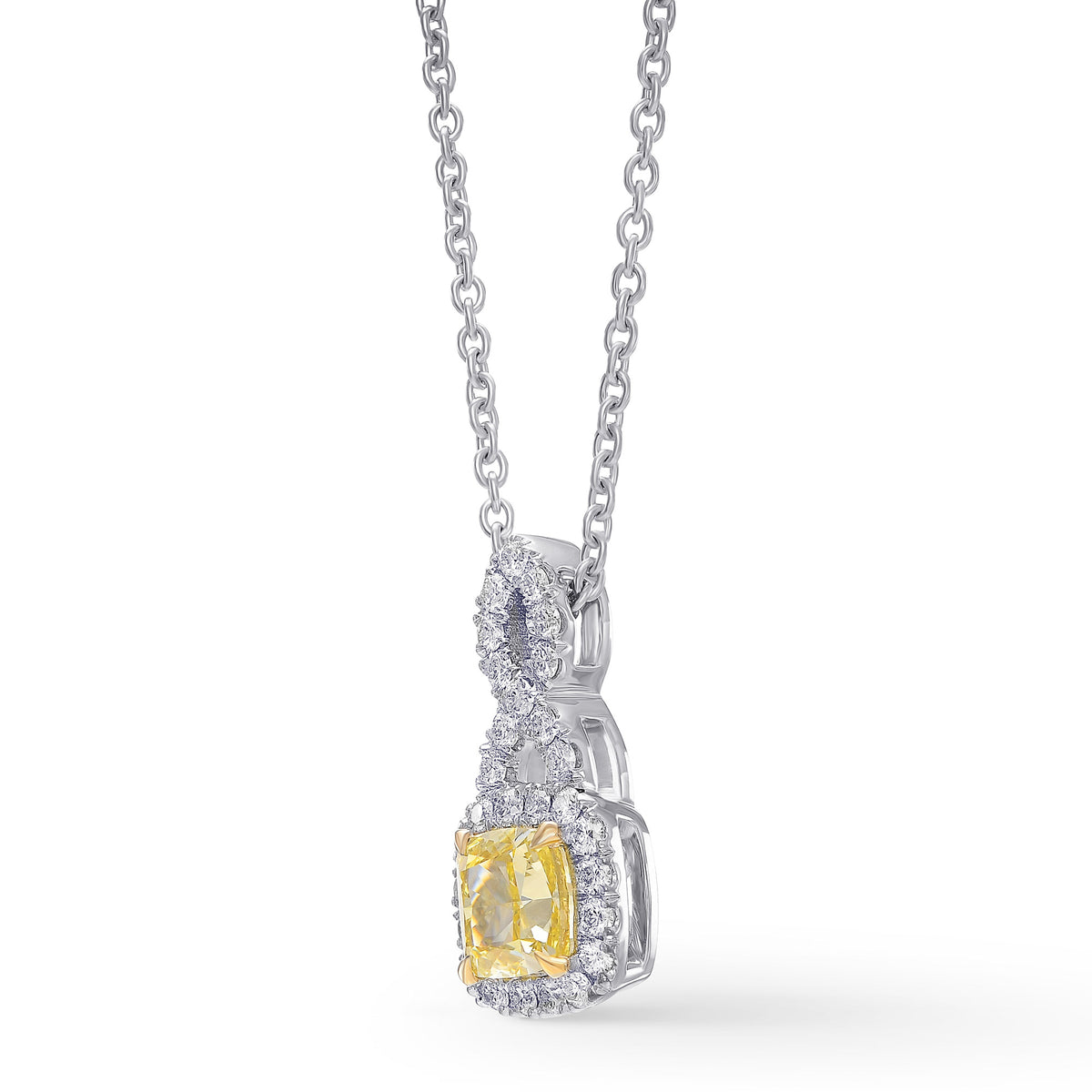 Fancy Intense Yellow Cushion Halo Cross-over Diamond Pendant 
