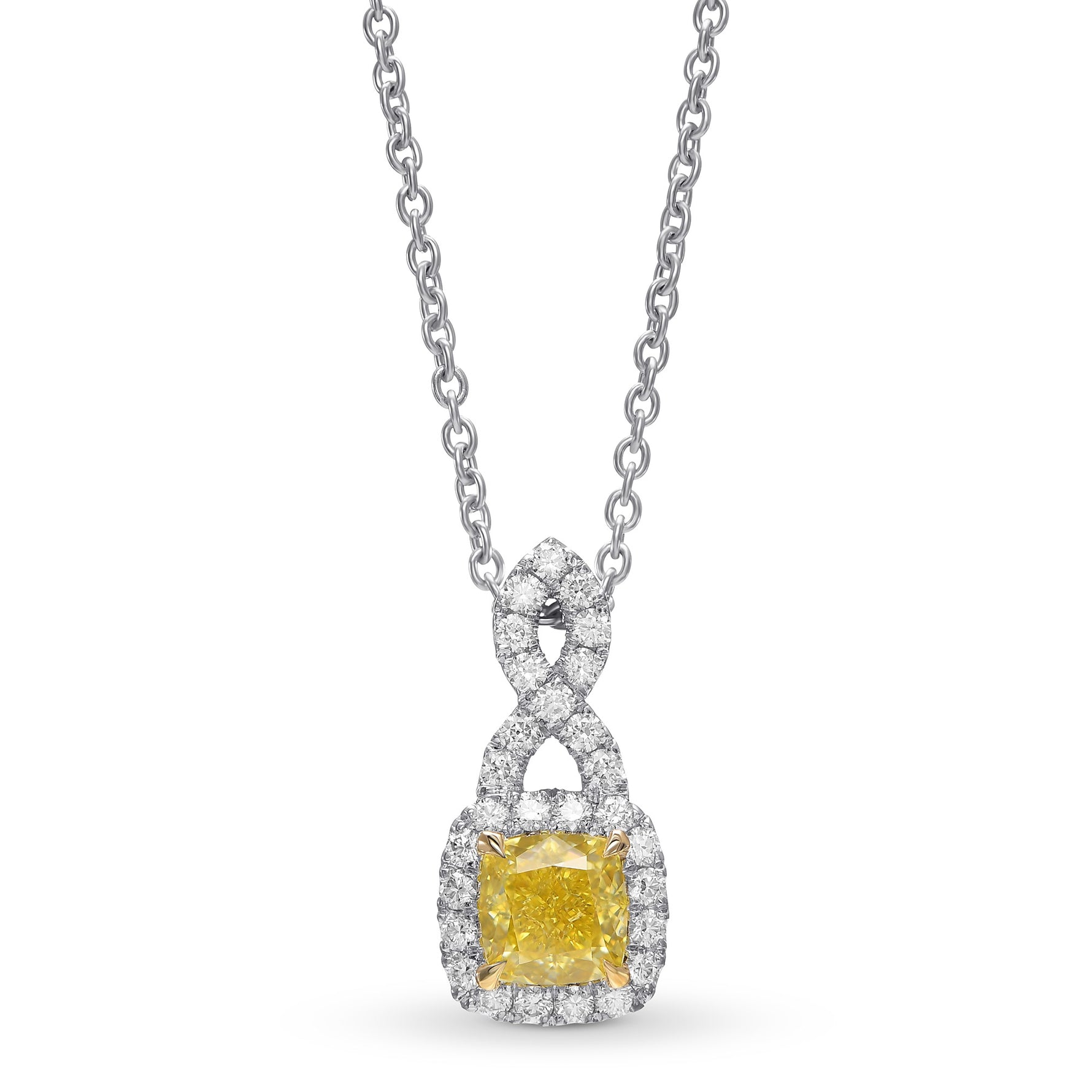 Fancy Intense Yellow Cushion Halo Cross-over Diamond Pendant 