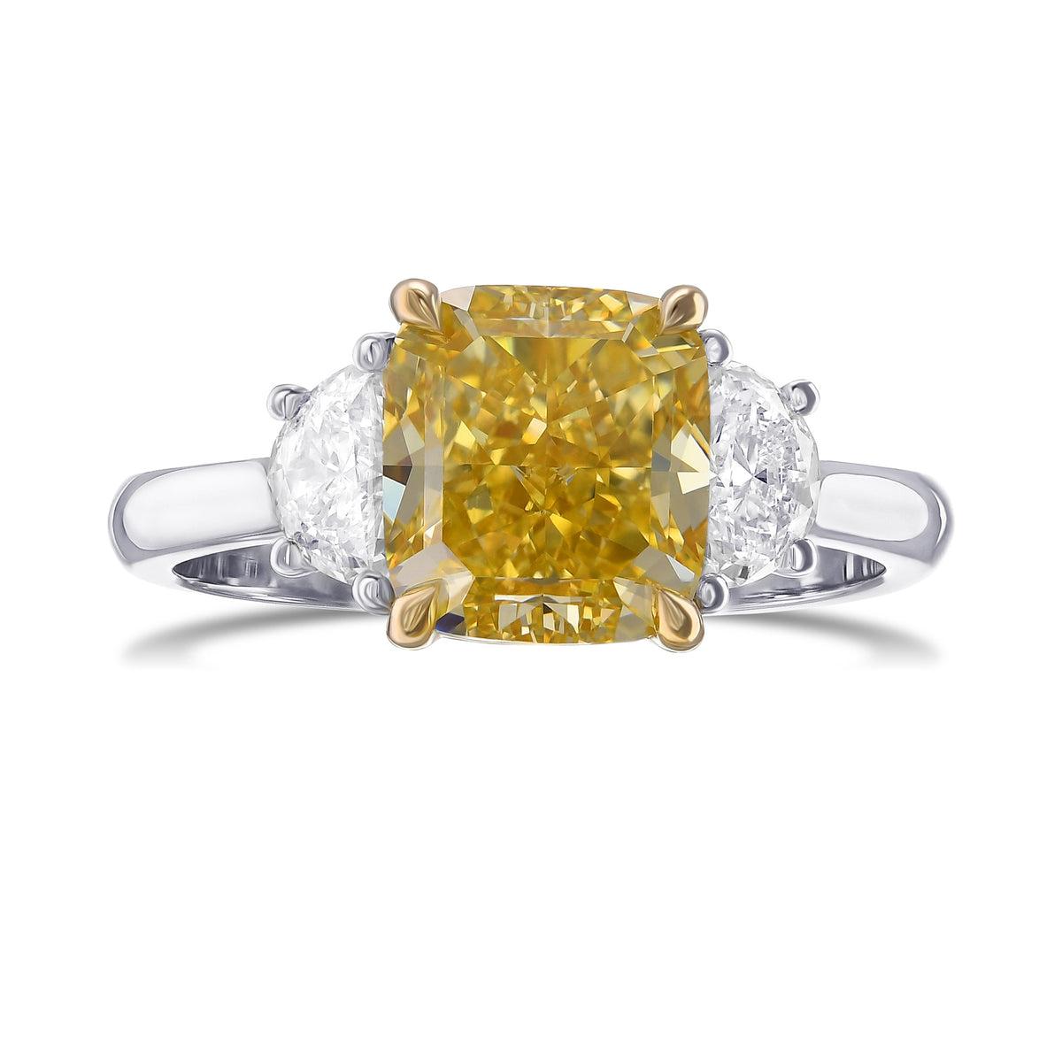 Fancy Intense Yellow Cushion & Half Moon 3 Stone Diamond Ring