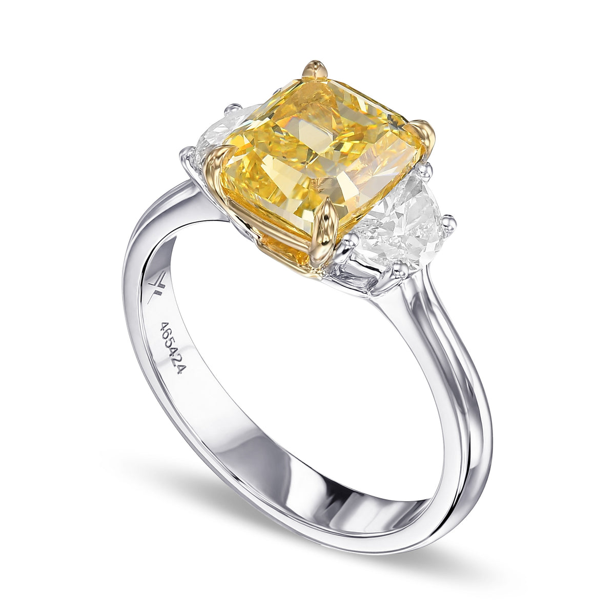 Fancy Intense Yellow Cushion & Half Moon 3 Stone Diamond Ring