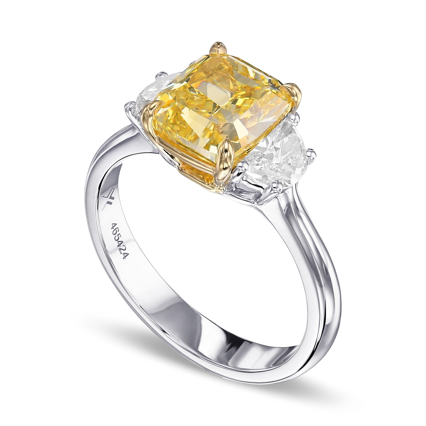 Fancy Intense Yellow Cushion & Half Moon 3 Stone Diamond Ring