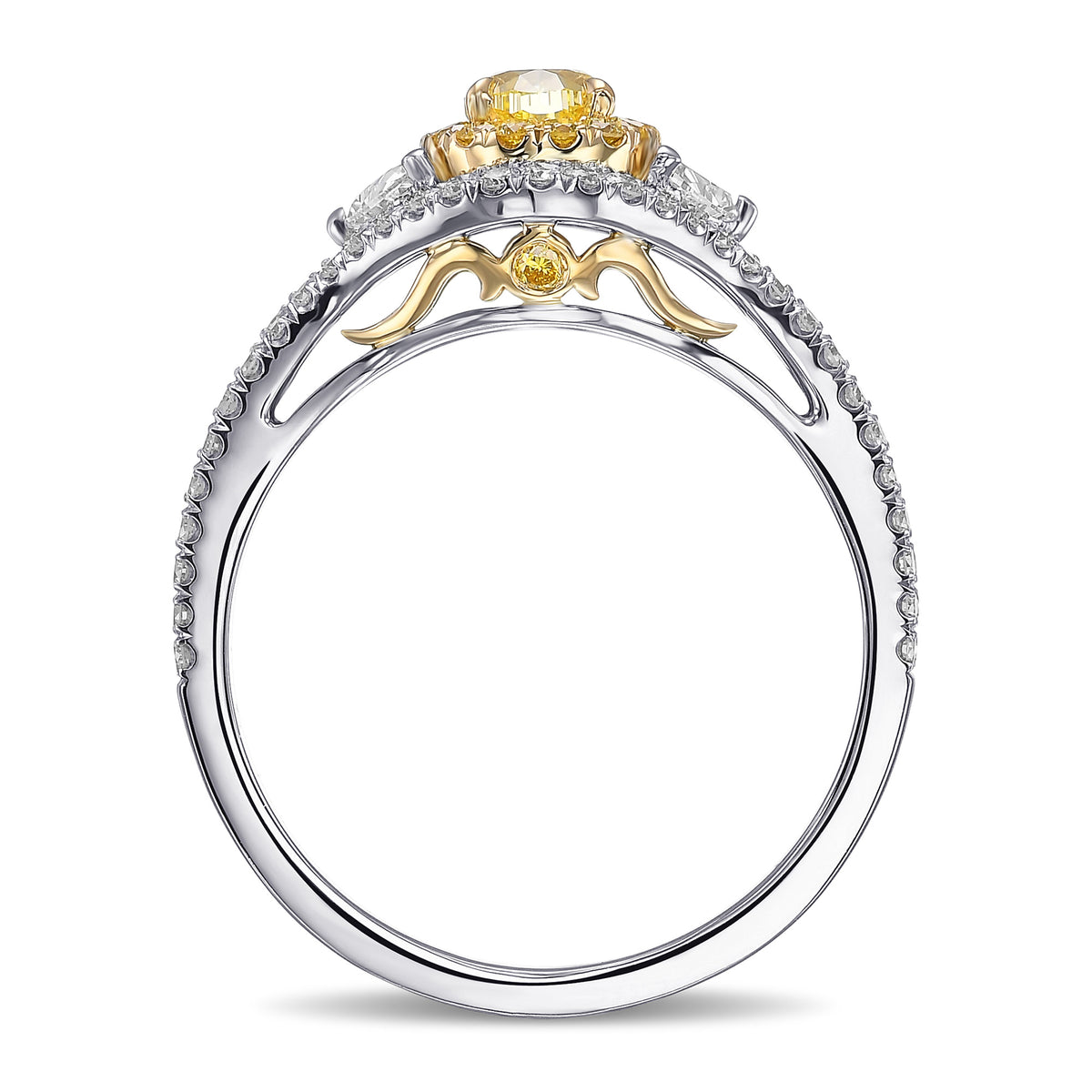 Fancy Intense Yellow Oval and Half-moon Double Halo Diamond Ring