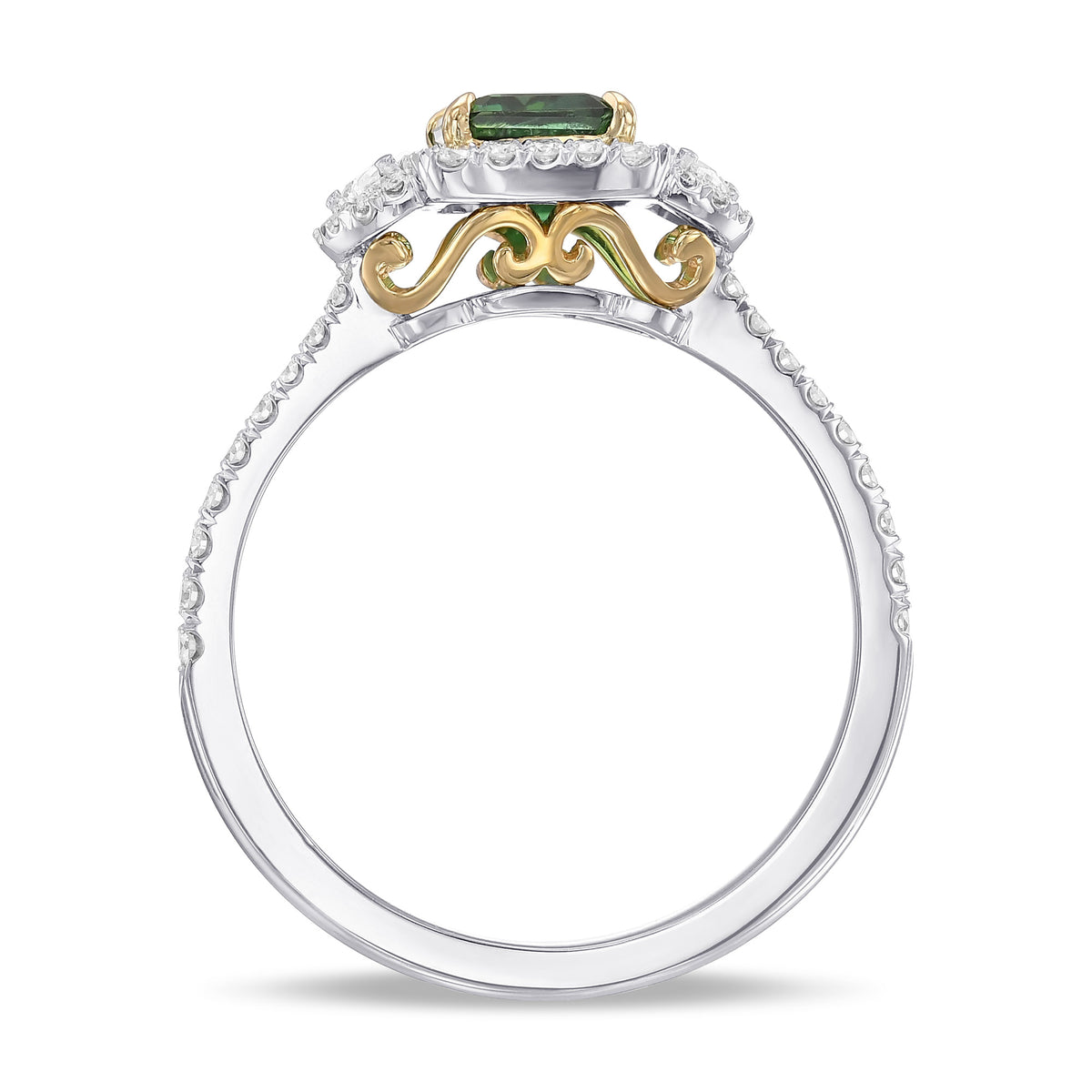 Emerald Shape Green Tourmaline and Diamond 3 Stone Halo Ring