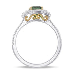 Emerald Shape Green Tourmaline and Diamond 3 Stone Halo Ring