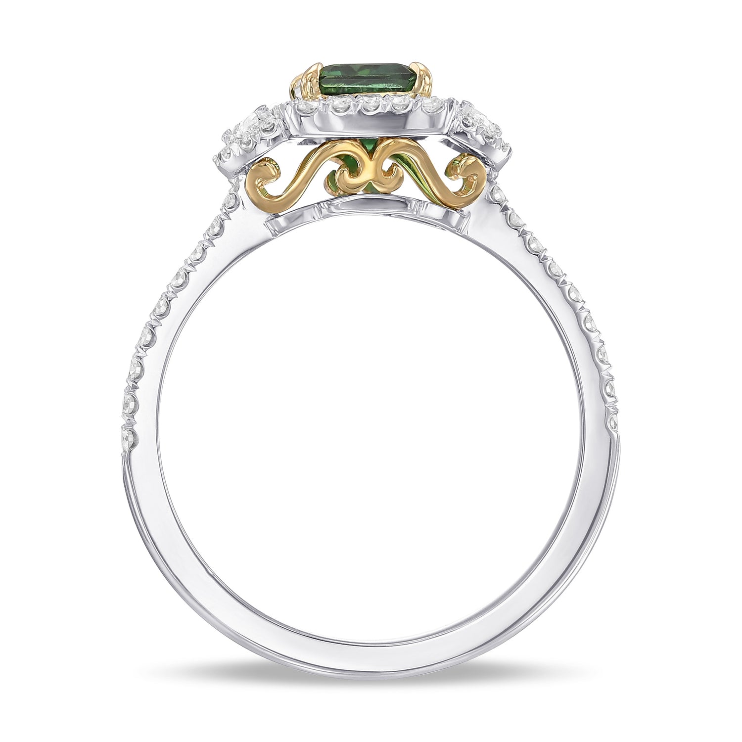 Emerald Shape Green Tourmaline and Diamond 3 Stone Halo Ring