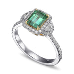Emerald Shape Green Tourmaline and Diamond 3 Stone Halo Ring