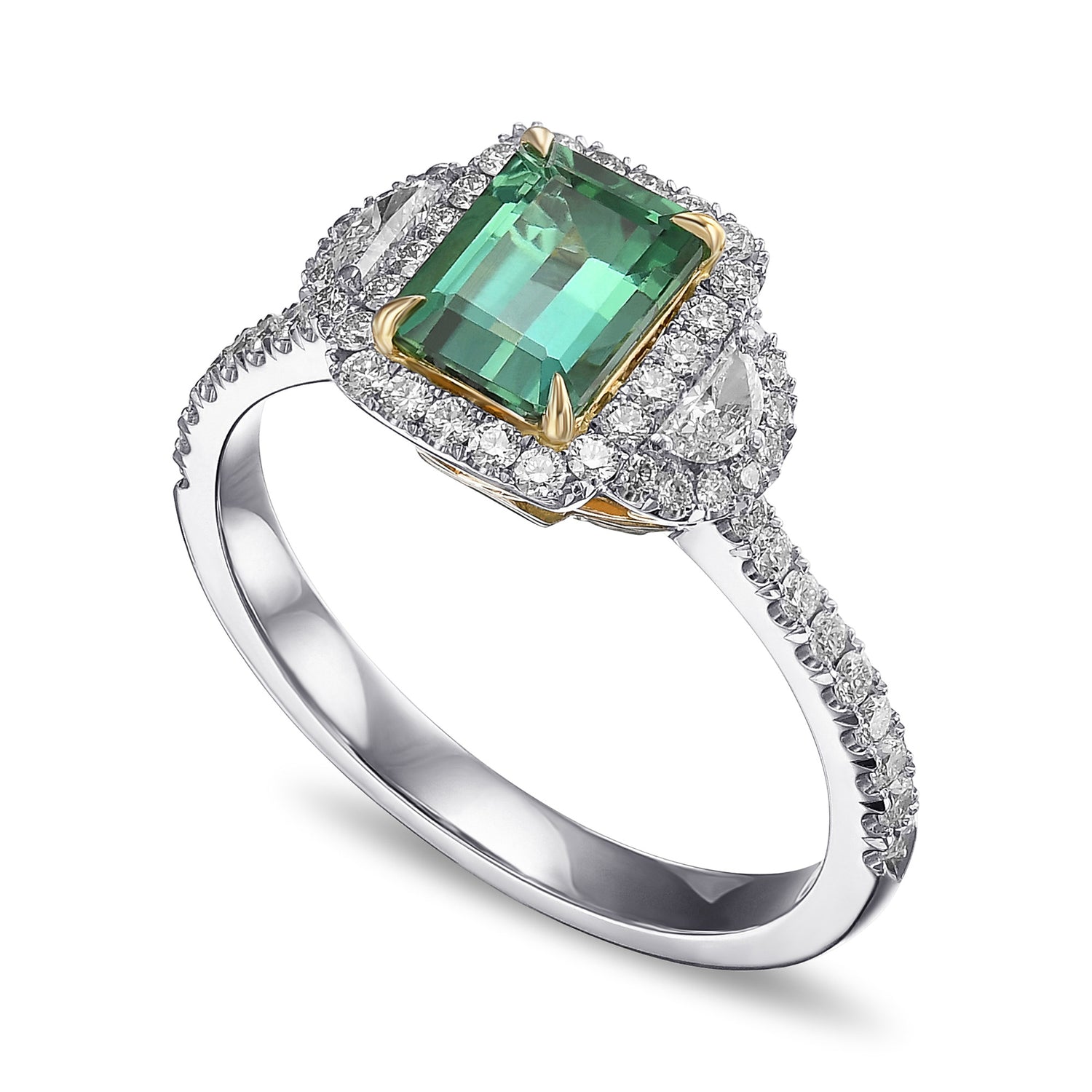 Emerald Shape Green Tourmaline and Diamond 3 Stone Halo Ring