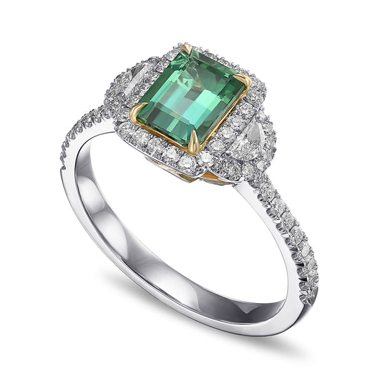 Emerald Shape Green Tourmaline and Diamond 3 Stone Halo Ring