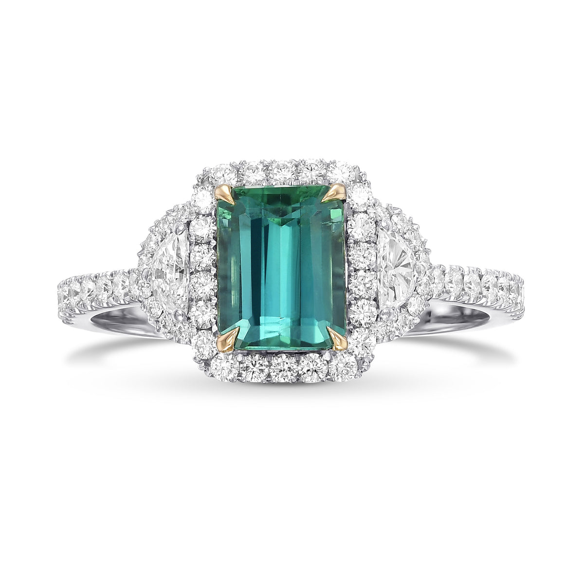 Emerald Shape Green Tourmaline and Diamond 3 Stone Halo Ring