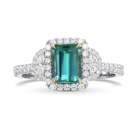 Emerald Shape Green Tourmaline and Diamond 3 Stone Halo Ring