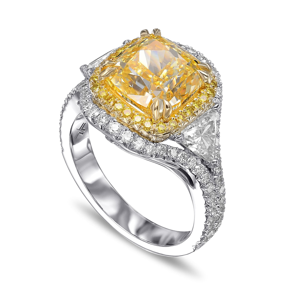 Fancy Intense Yellow Cushion and Triangle 3 Stone Halo Ring