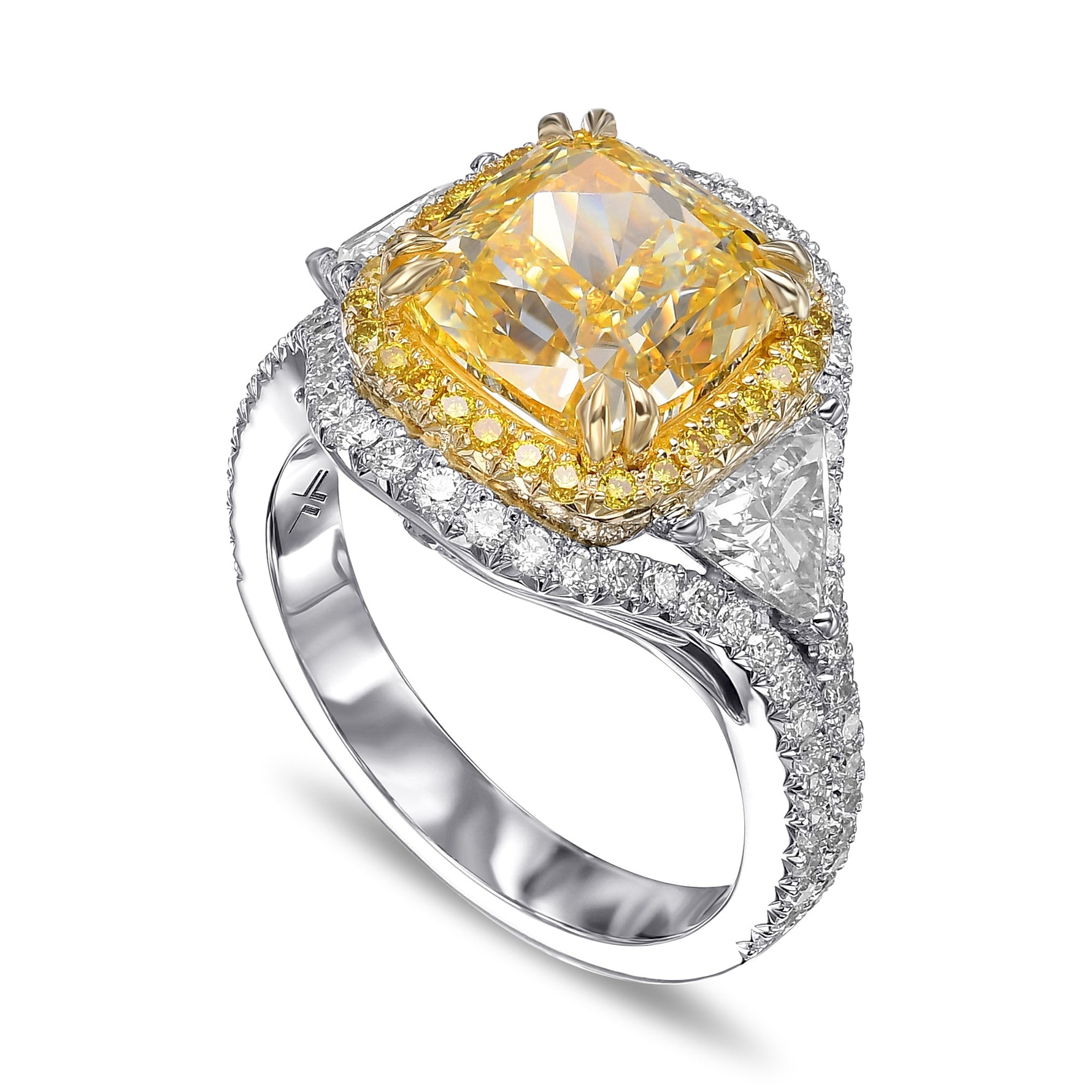 Fancy Intense Yellow Cushion and Triangle 3 Stone Halo Ring