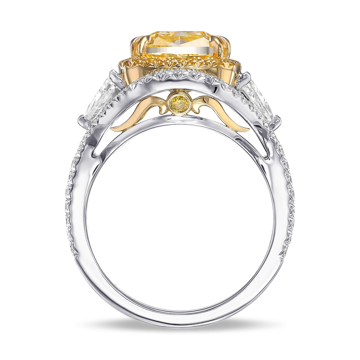 Fancy Intense Yellow Cushion and Triangle 3 Stone Halo Ring