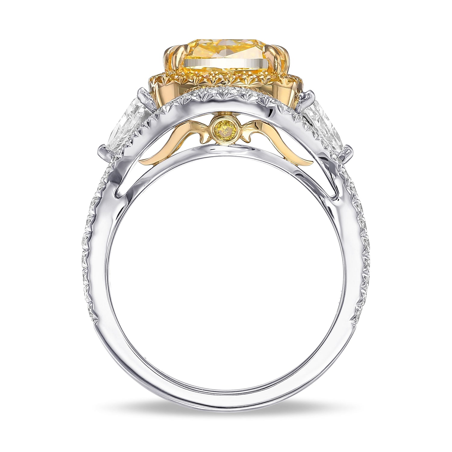 Fancy Intense Yellow Cushion and Triangle 3 Stone Halo Ring