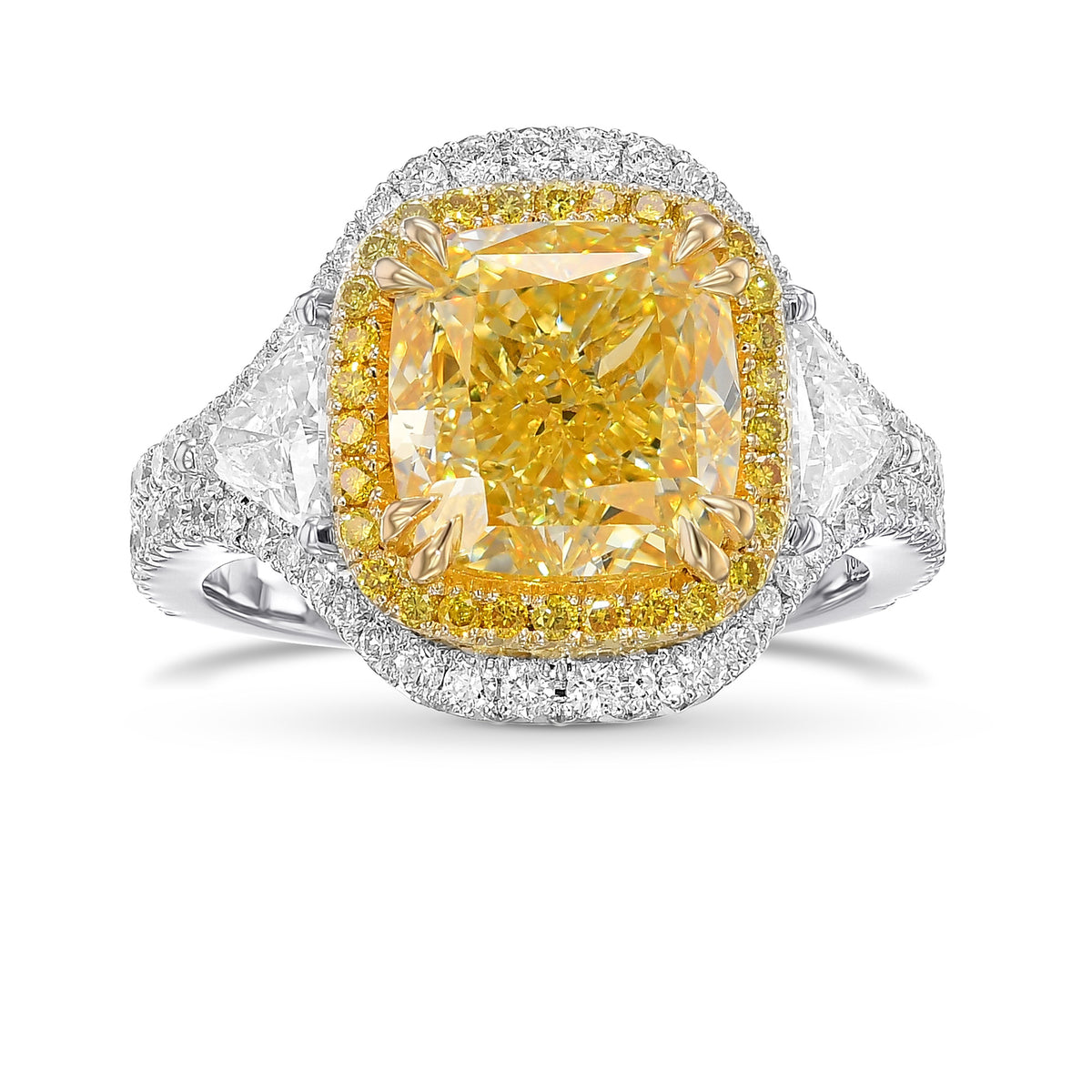 Fancy Intense Yellow Cushion and Triangle 3 Stone Halo Ring