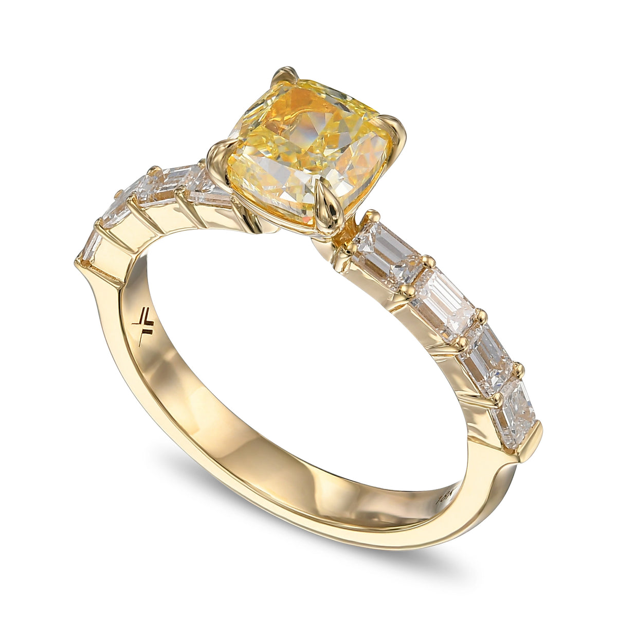 Fancy Yellow Cushion Diamond Side-stone Ring