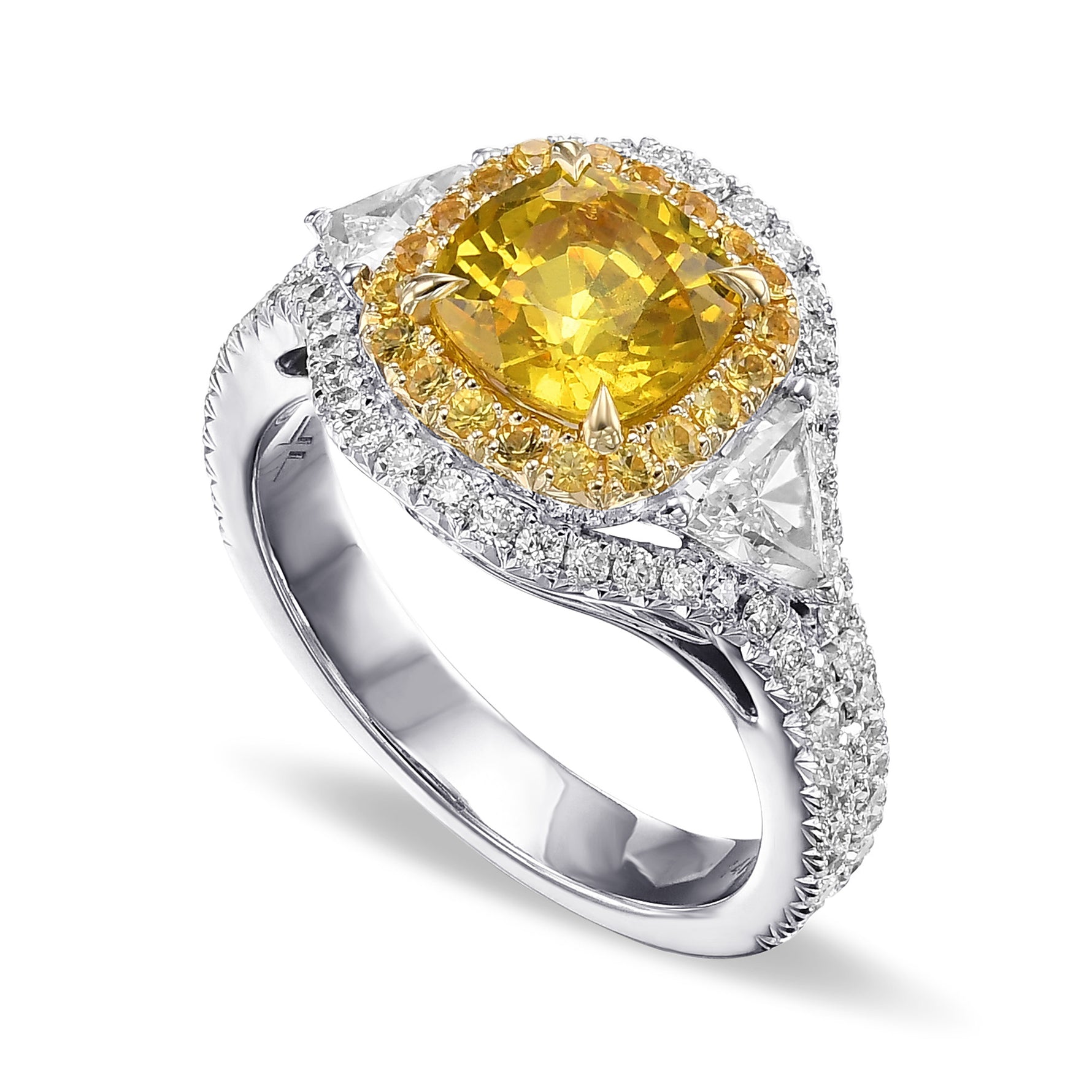 Yellow Cushion Sapphire & Triangle Diamond Ring 