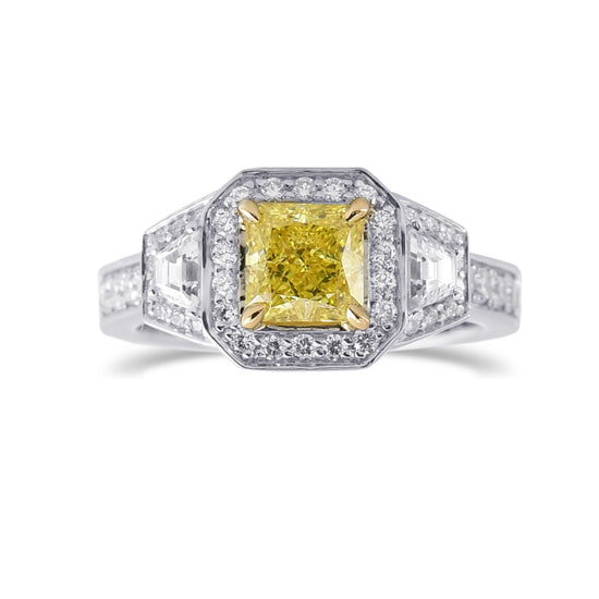 Fancy Intense Yellow Radiant & Trapezoid Diamond 3-stone Halo Ring
