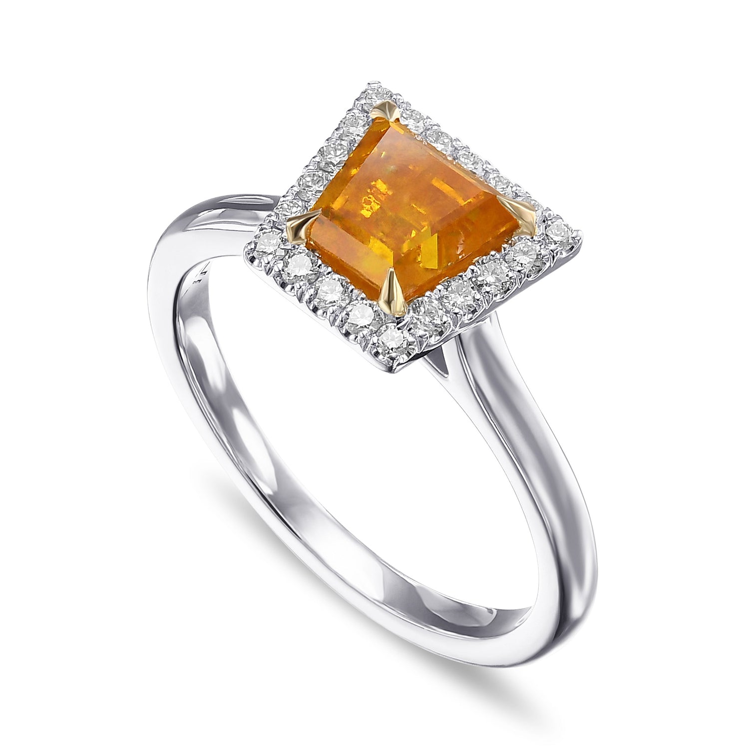 Fancy Vivid Yellow Orange Taper Halo Diamond Ring 