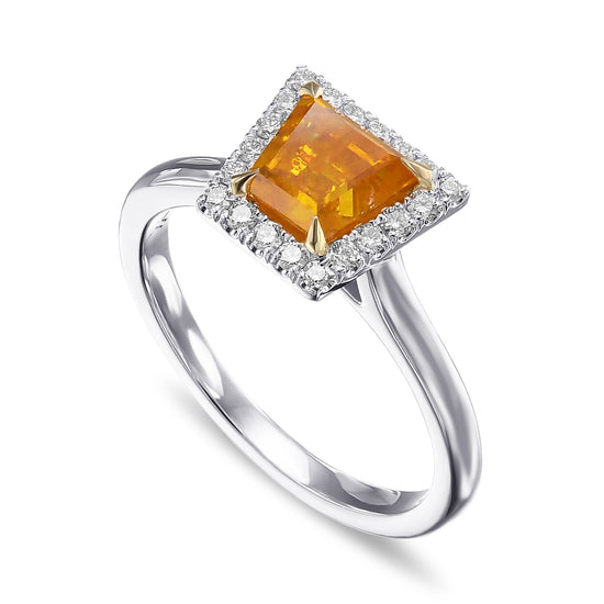 Fancy Vivid Yellow Orange Taper Halo Diamond Ring 