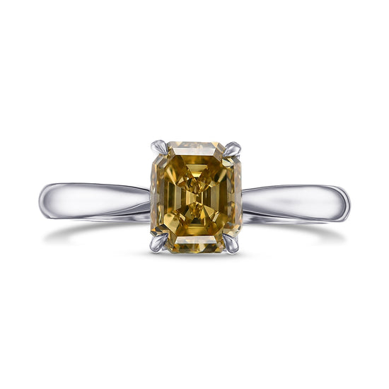 Fancy Deep Brownish Yellow Emerald Diamond Solitaire Ring