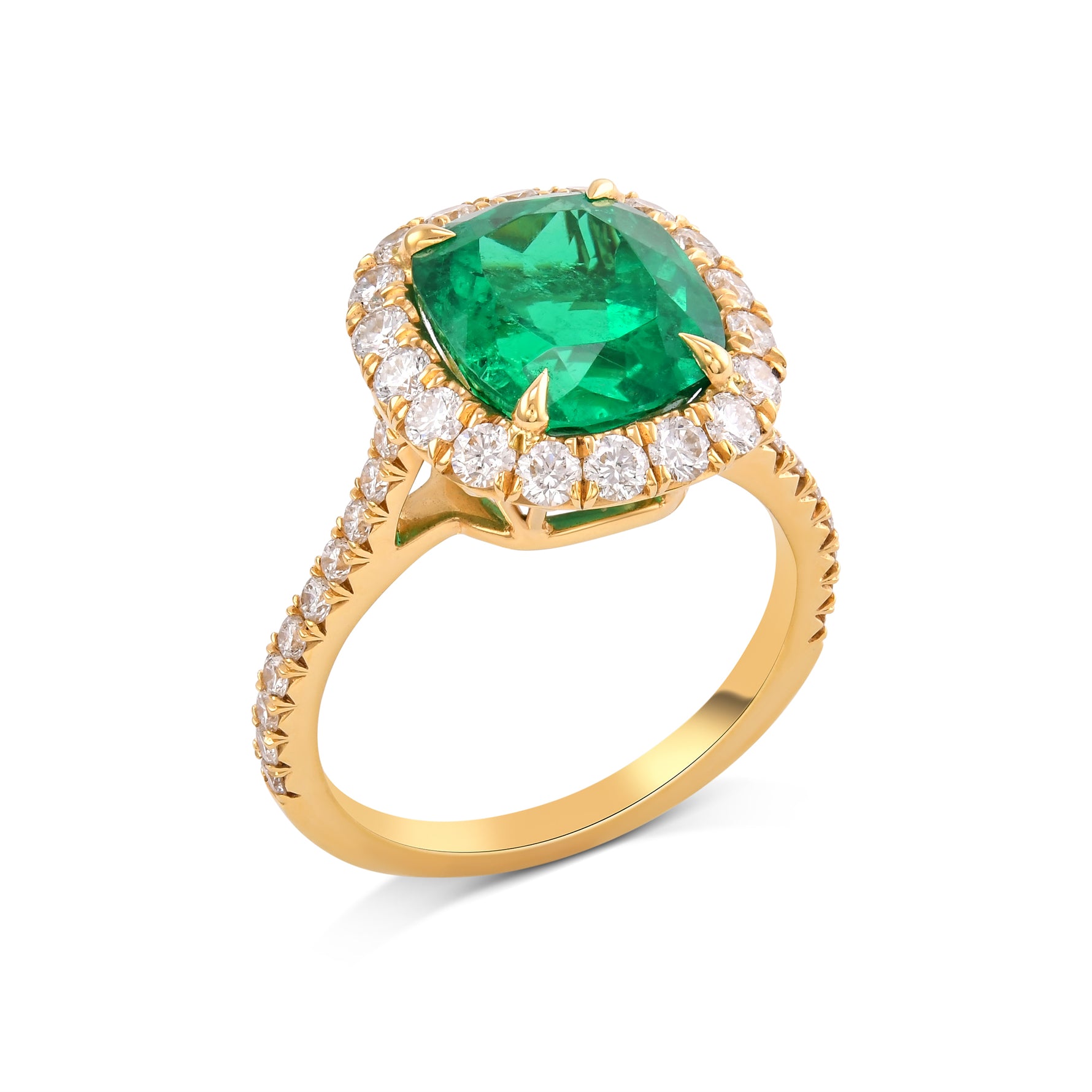 Cushion Shape Colombian Emerald and Diamond Halo Ring