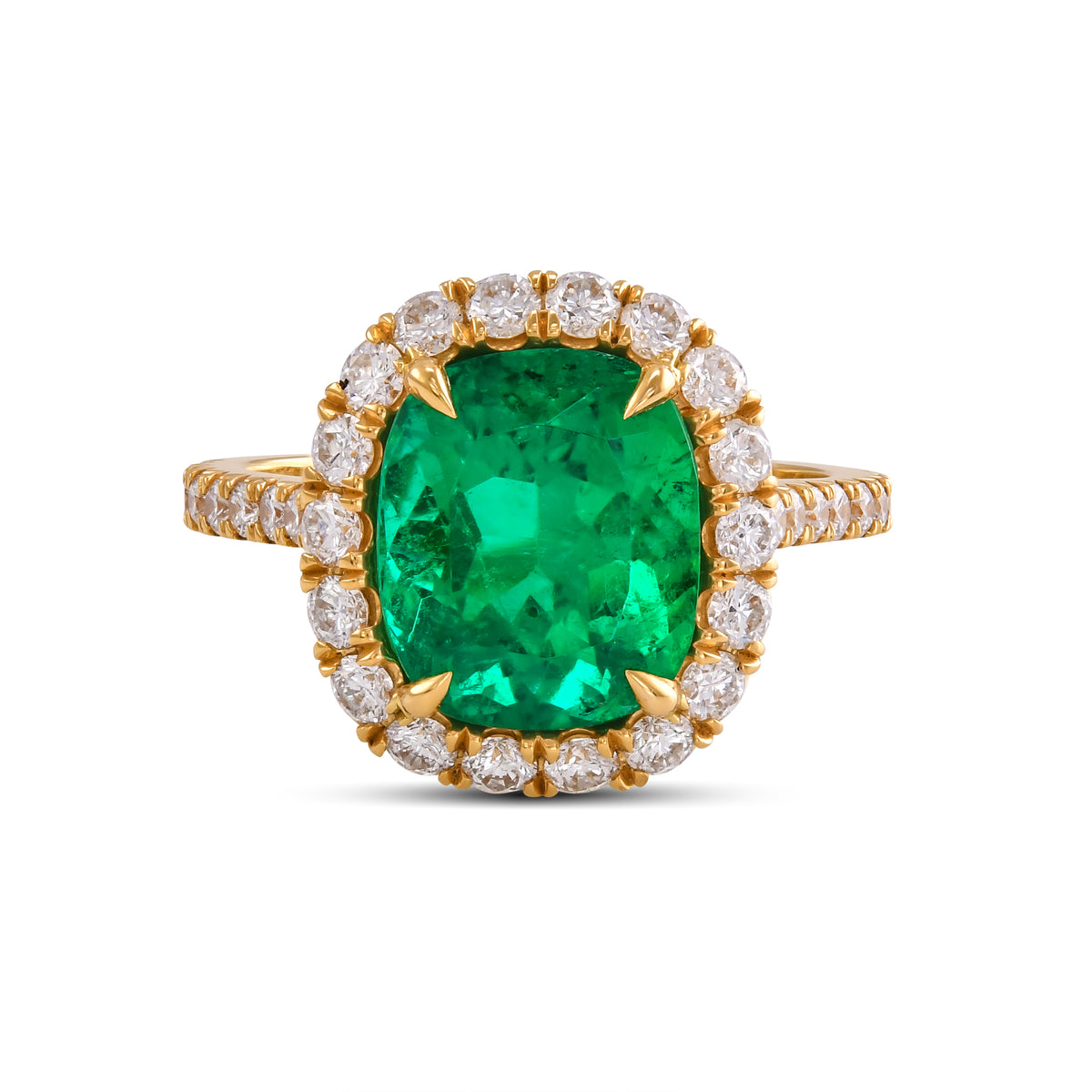 Cushion Shape Colombian Emerald and Diamond Halo Ring