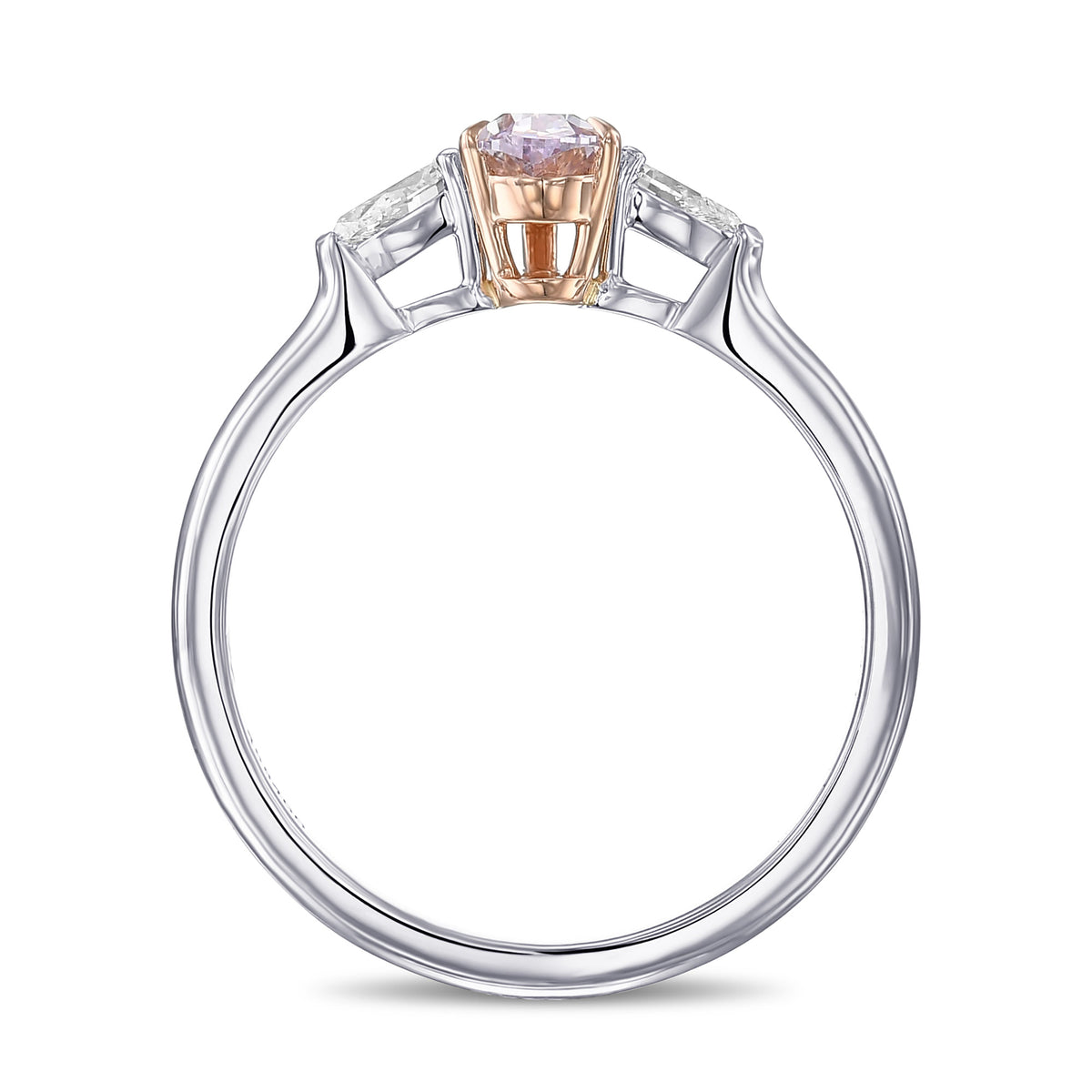 Fancy Pinkish Purple and Colorless Pear Three Stone Diamond Ring
