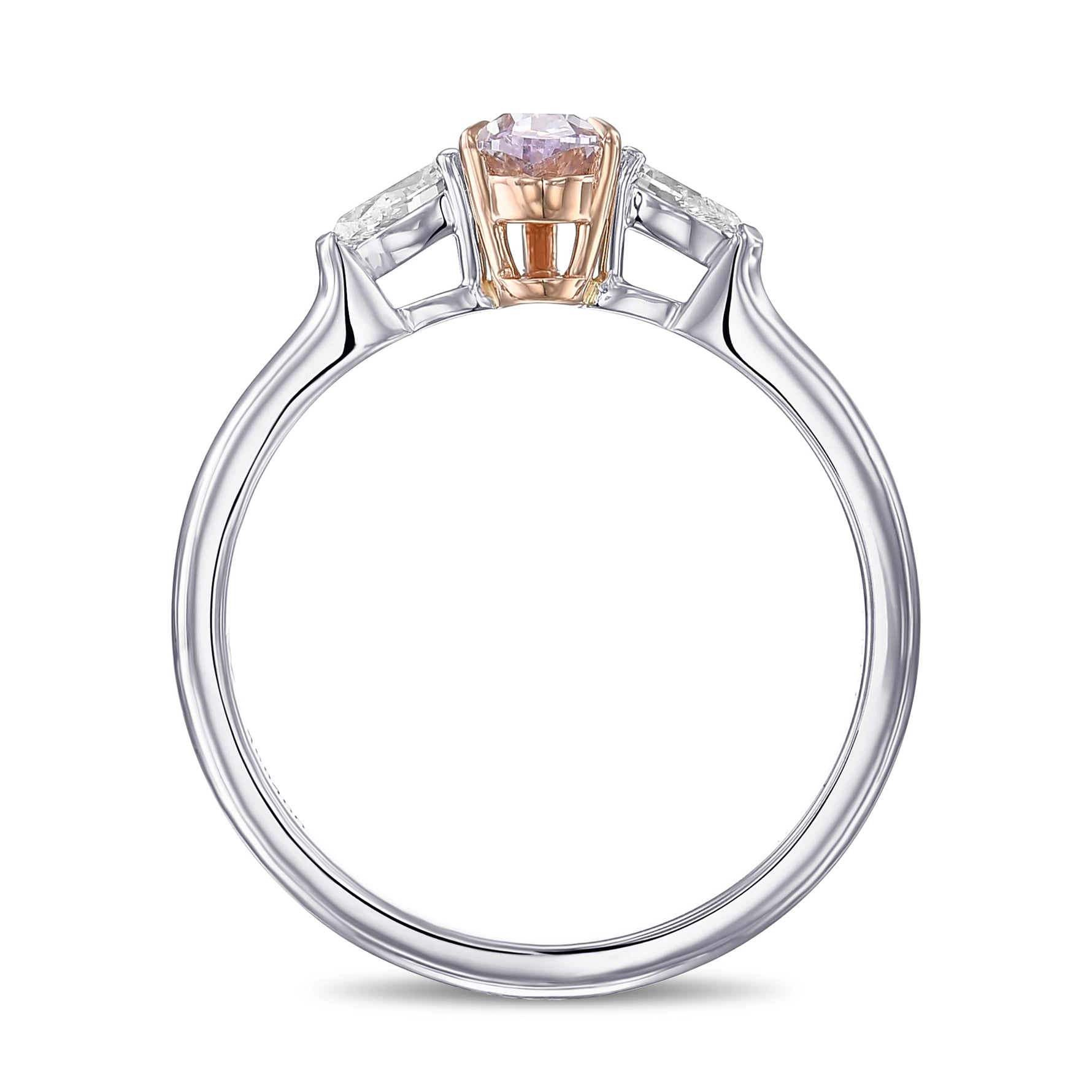 Fancy Pinkish Purple and Colorless Pear Three Stone Diamond Ring