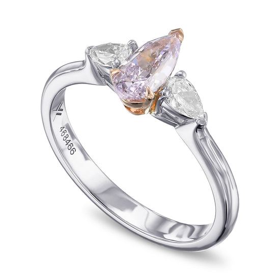 Fancy Pinkish Purple and Colorless Pear Three Stone Diamond Ring