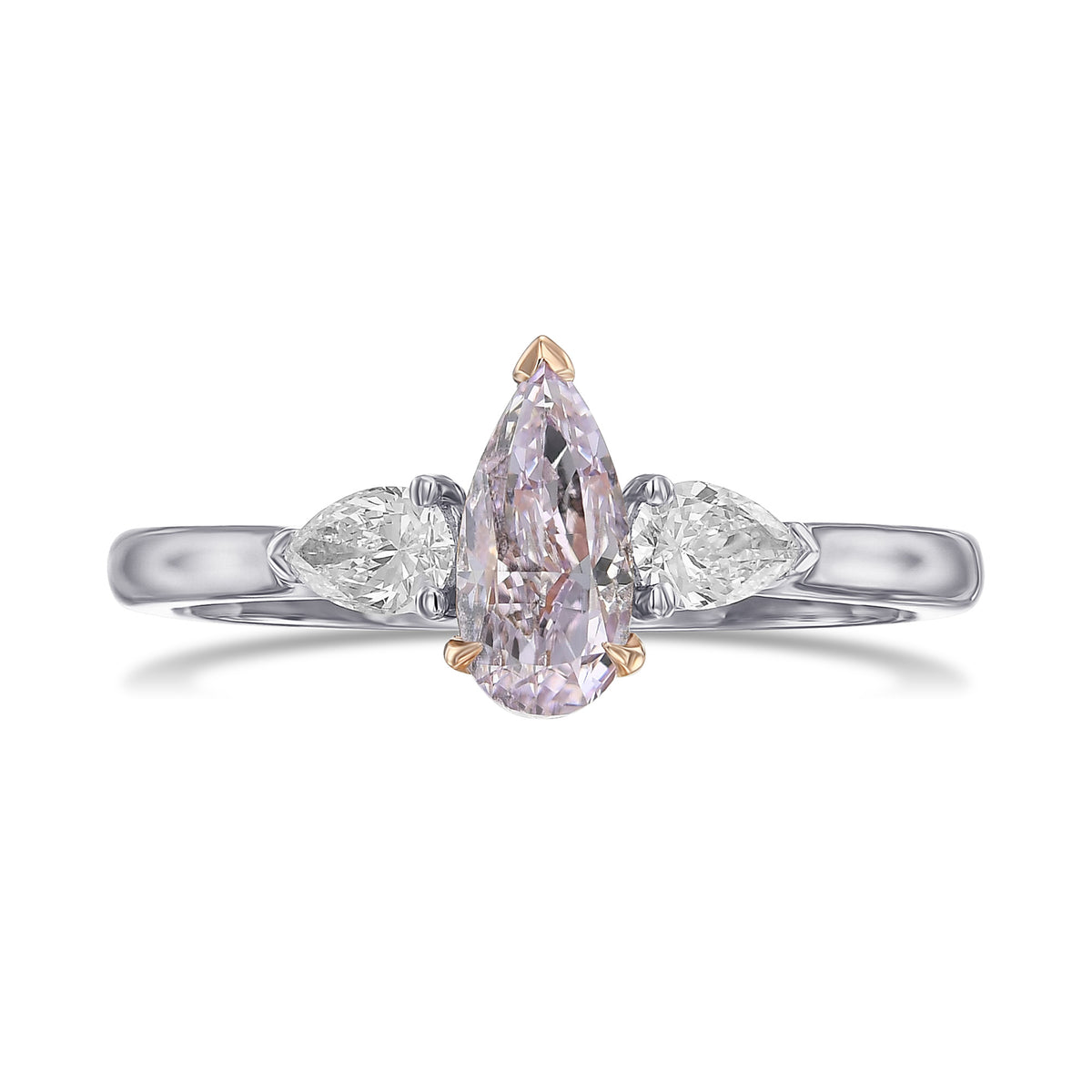 Fancy Pinkish Purple and Colorless Pear Three Stone Diamond Ring