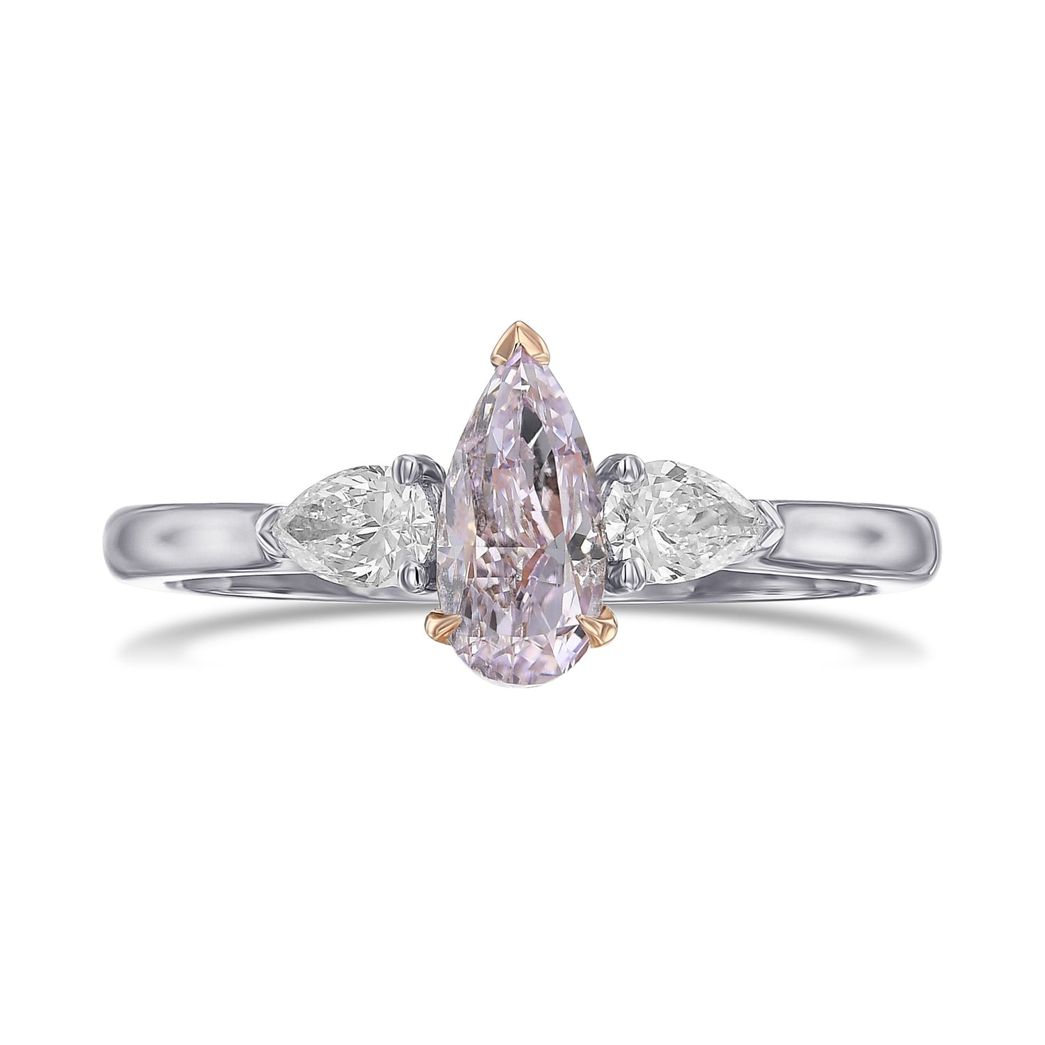 Fancy Pinkish Purple and Colorless Pear Three Stone Diamond Ring