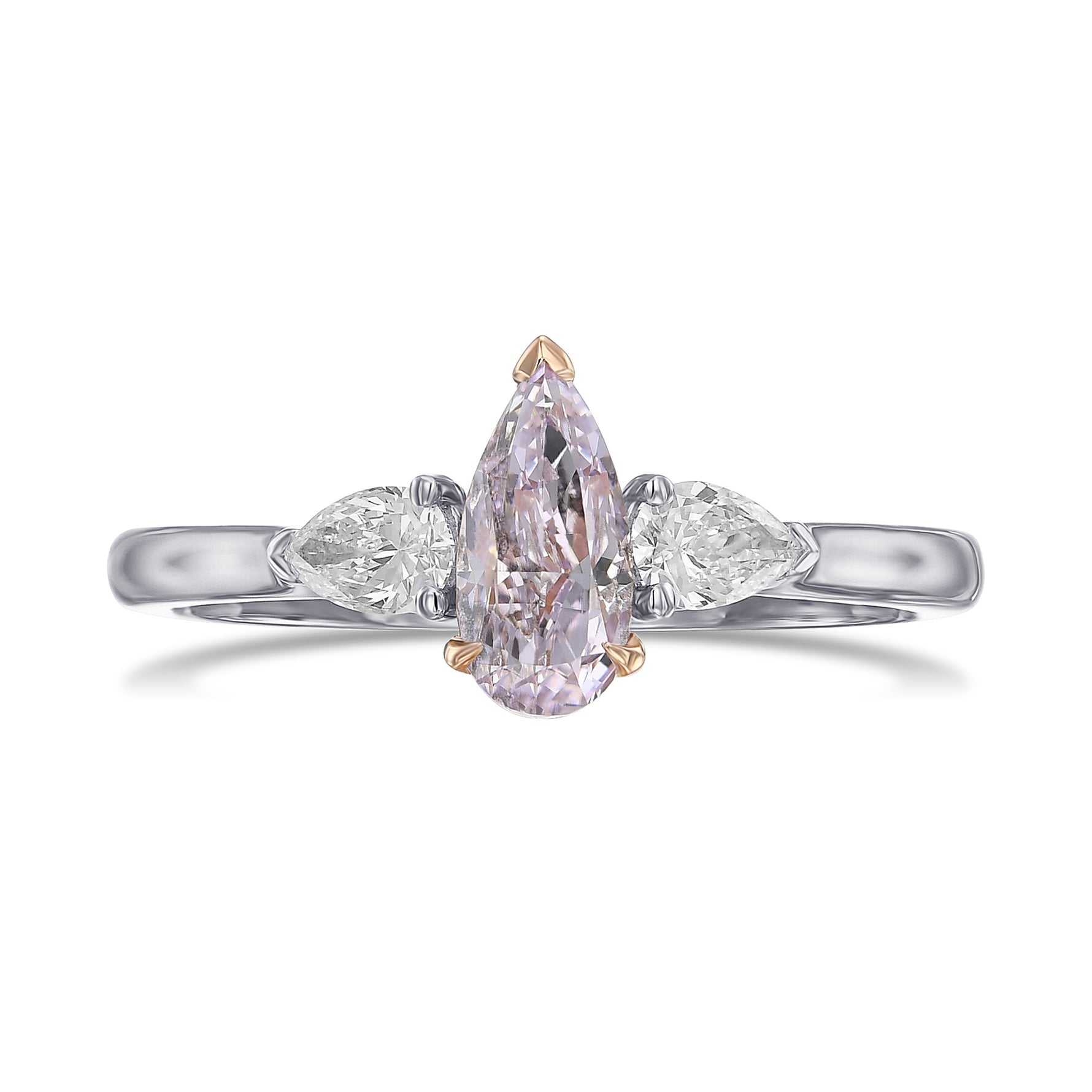 Fancy Pinkish Purple and Colorless Pear Three Stone Diamond Ring