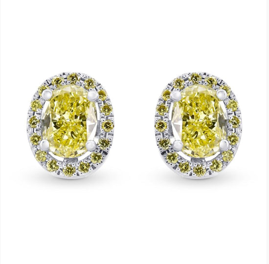 Fancy Yellow Oval Shaped Diamond Halo Earrings 
