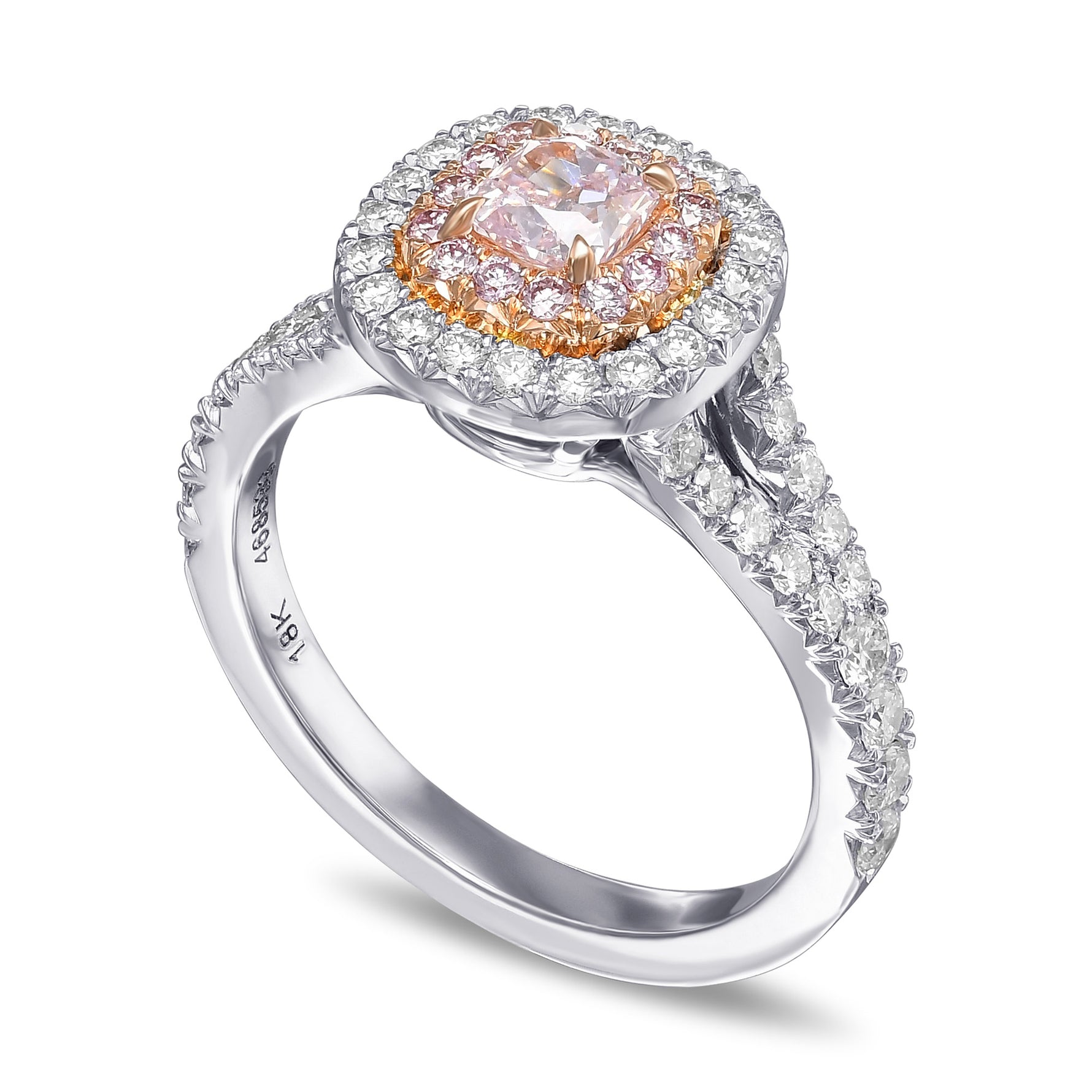 Very Light Pink Cushion Double Halo Diamond Ring