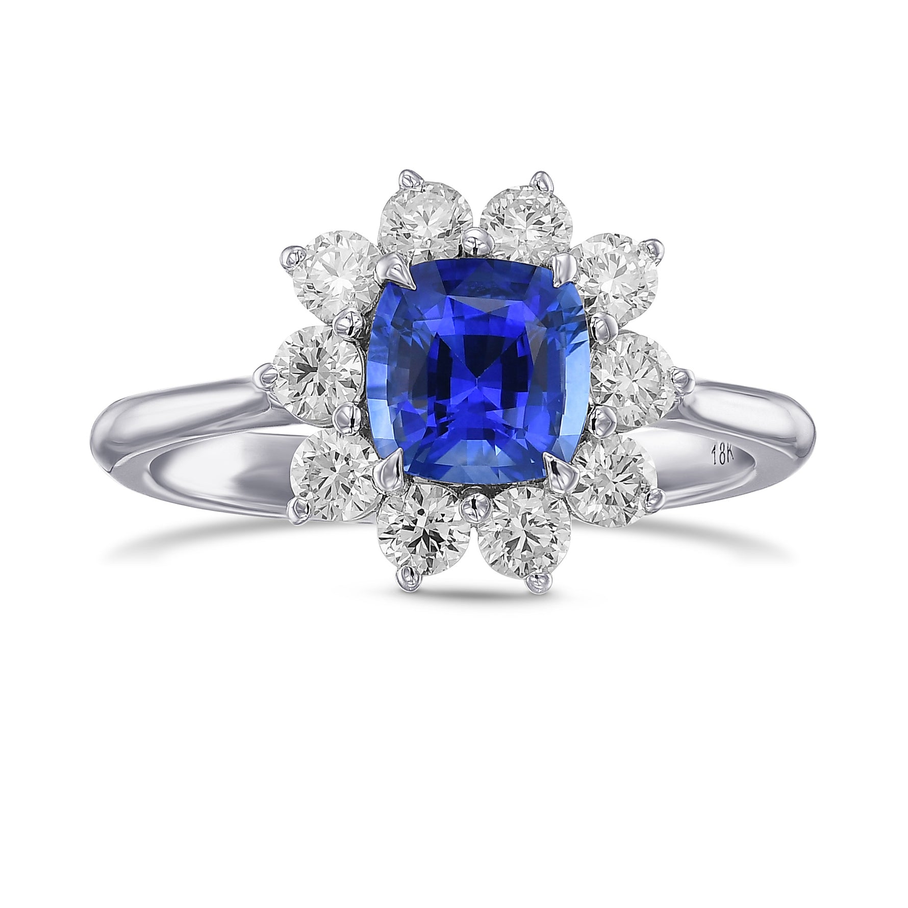 Blue Cushion Sapphire and Diamond Halo Ring 