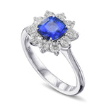 Blue Cushion Sapphire and Diamond Halo Ring 
