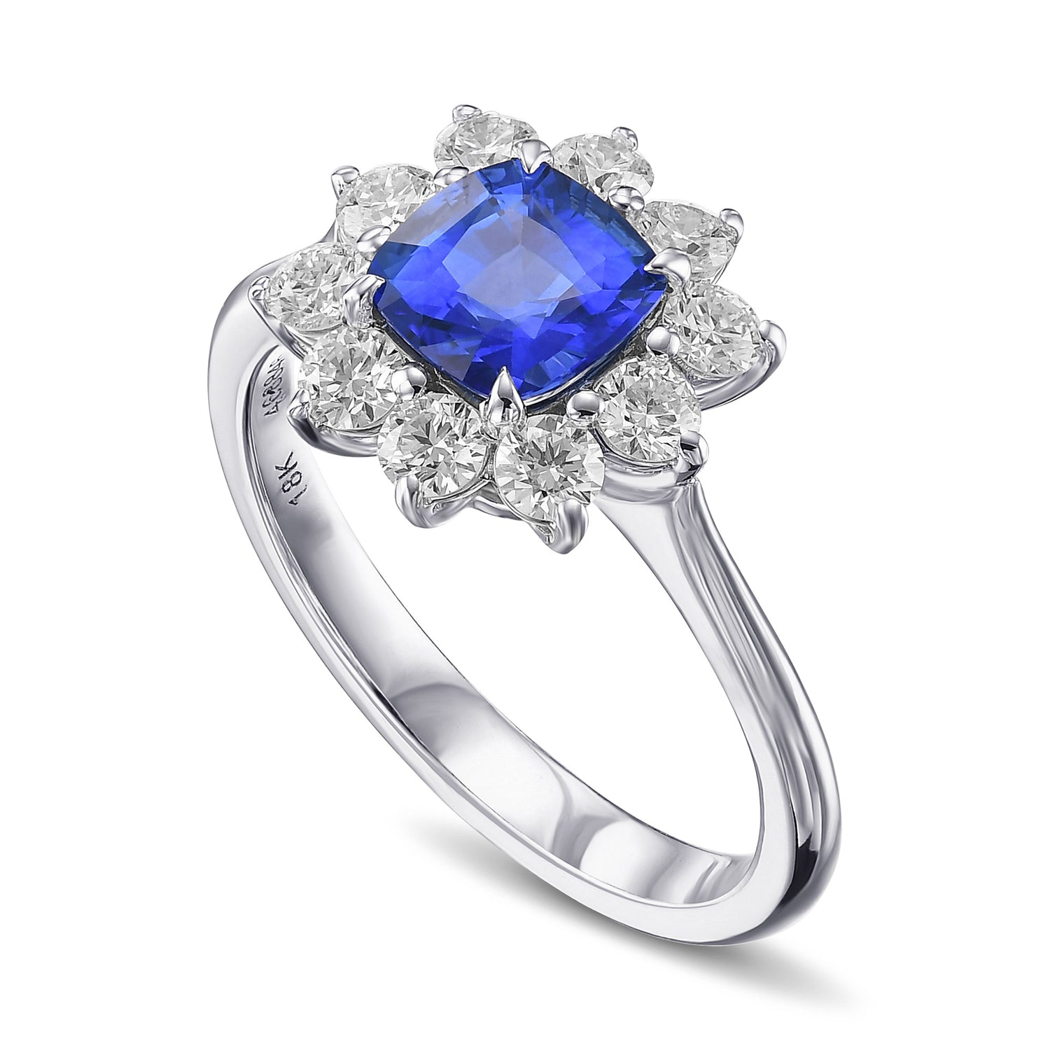 Blue Cushion Sapphire and Diamond Halo Ring 