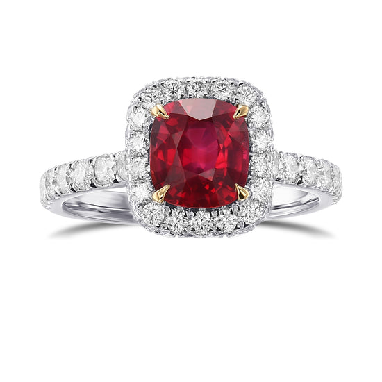 Cushion Pigeon Blood Ruby & Diamond Halo Ring