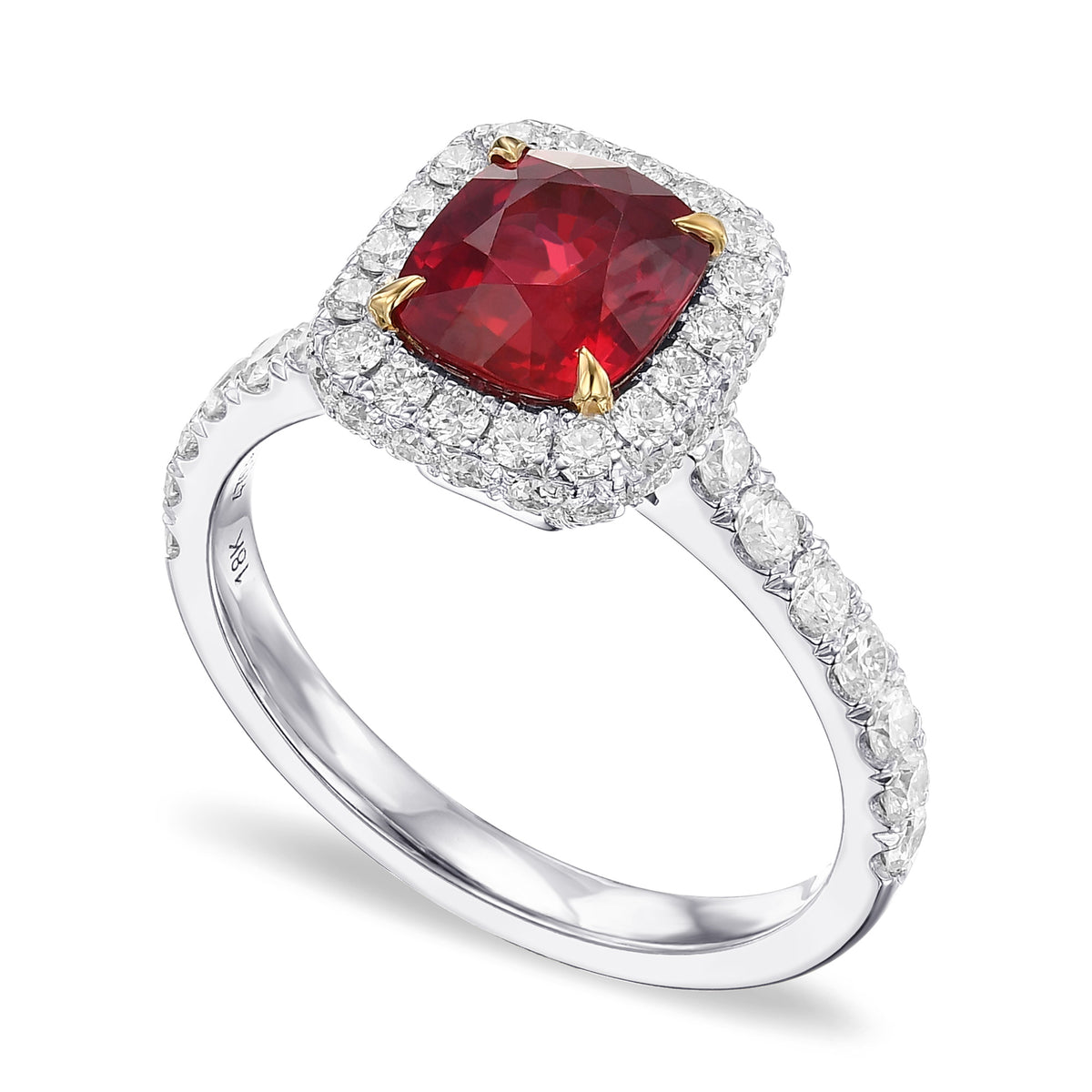 Cushion Pigeon Blood Ruby & Diamond Halo Ring