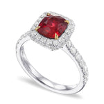 Cushion Pigeon Blood Ruby & Diamond Halo Ring