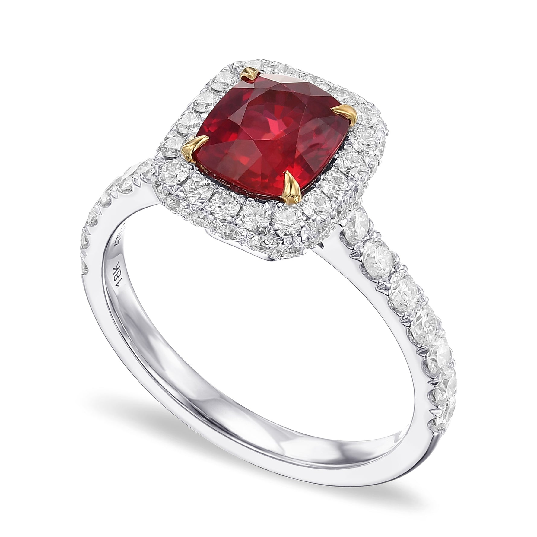 Cushion Pigeon Blood Ruby & Diamond Halo Ring