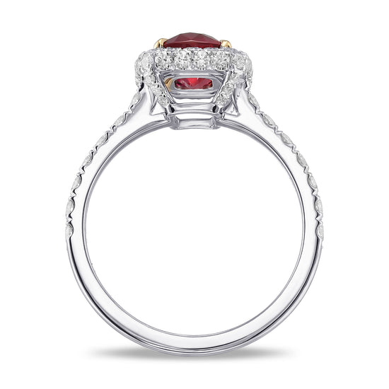 Cushion Pigeon Blood Ruby & Diamond Halo Ring