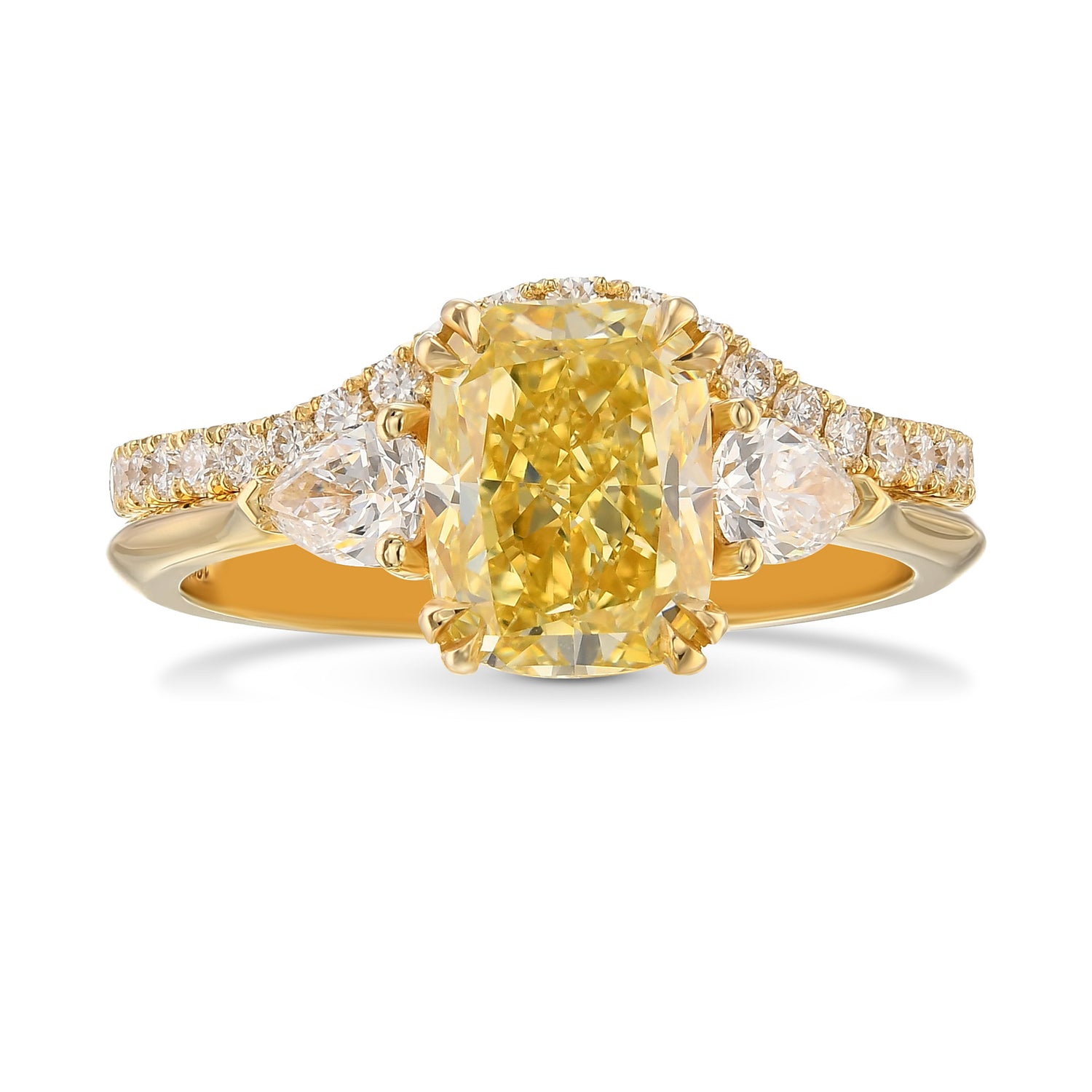 Fancy Yellow Cushion and Pear 3-stone Ring with Matching Contoured Wedding Band