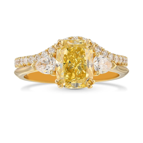 Fancy Yellow Cushion and Pear 3-stone Ring with Matching Contoured Wedding Band