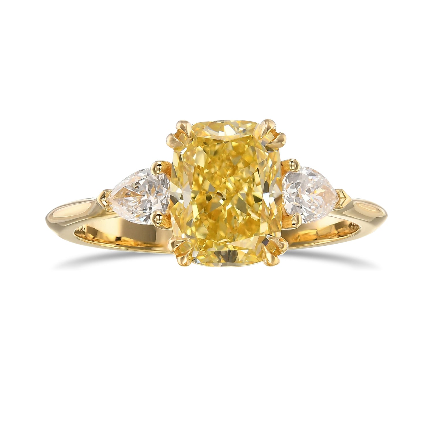 Fancy Yellow Cushion and Pear 3-stone Ring with Matching Contoured Wedding Band